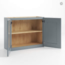 Gray cabinet with wooden interior on a white background