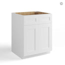 White cabinet with wooden top on a white background