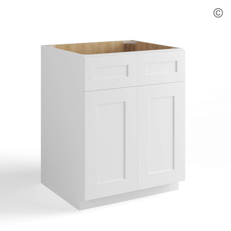 White cabinet with wooden top on a white background