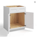 White cabinet with open door revealing wooden interior on a white background