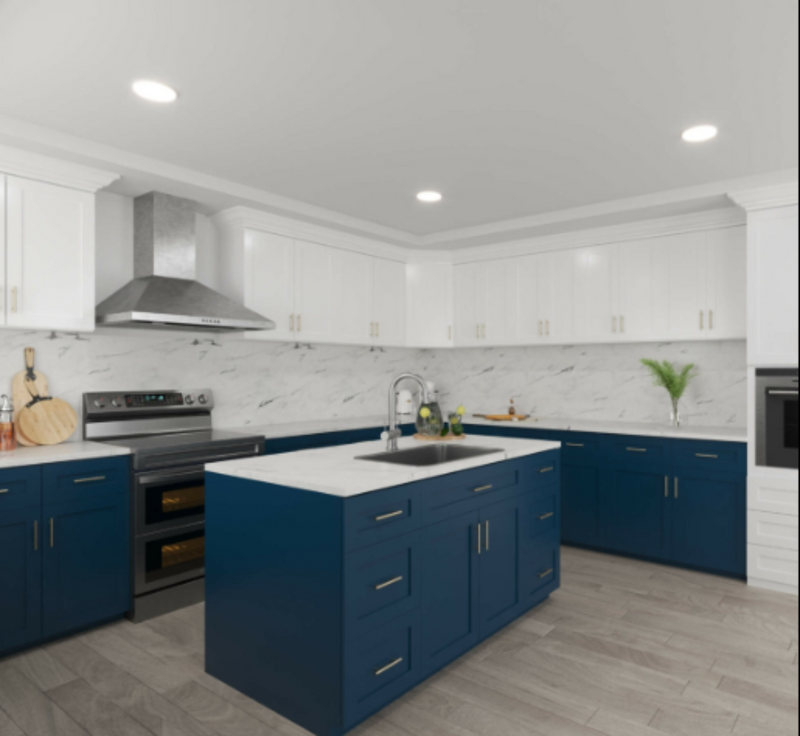 Modern kitchen with blue and white cabinets, stainless steel appliances, and a marble backsplash.
