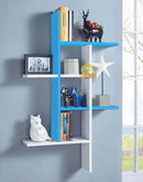 Blue and white wall shelf with decorative items against a light blue wall.