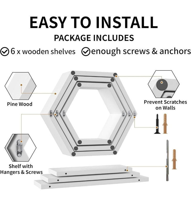 Hexagonal shelf with installation components and text on a white background